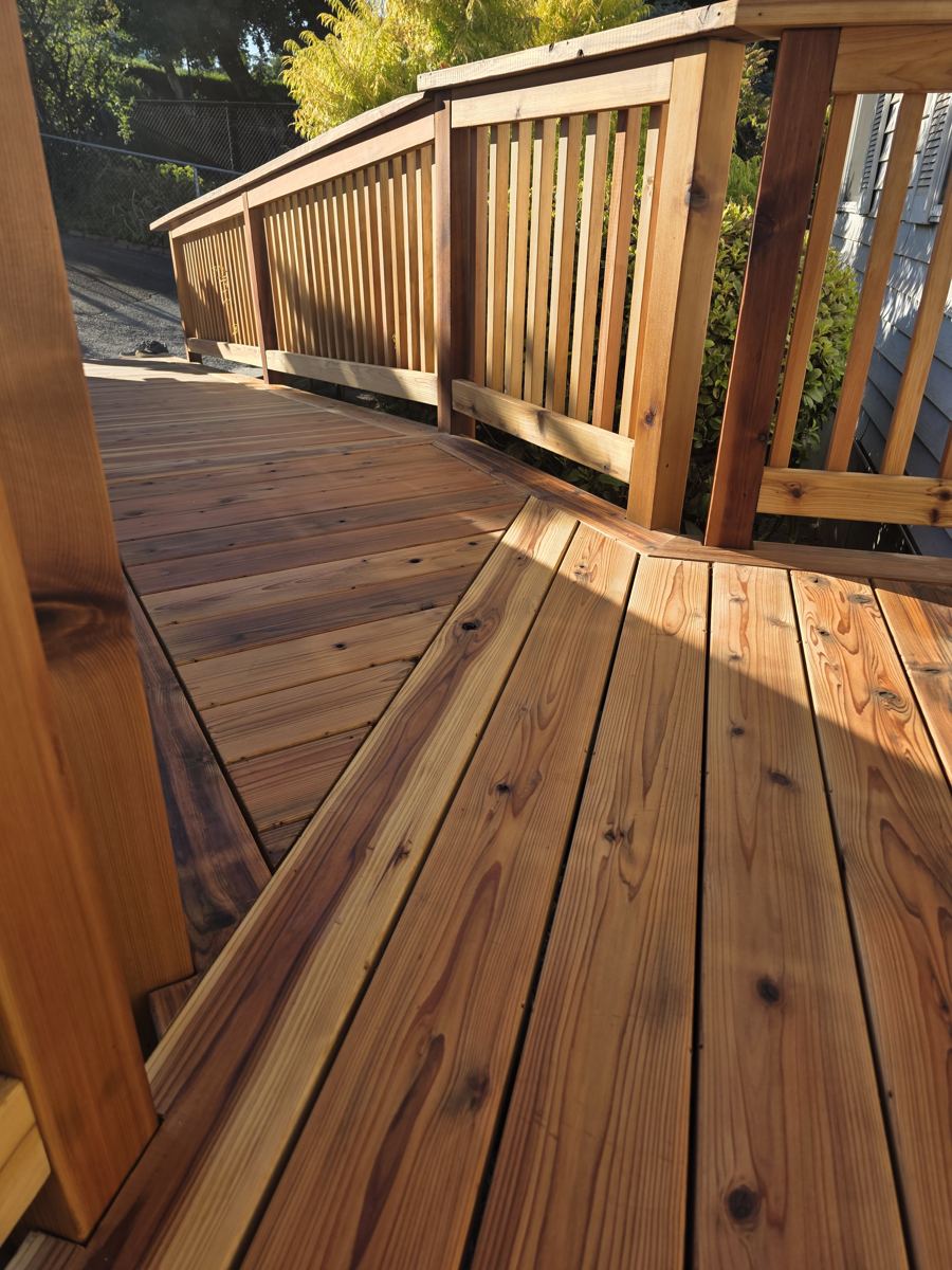 Close-up of cedar decking boards and railing craftsmanship in Columbia County Oregon