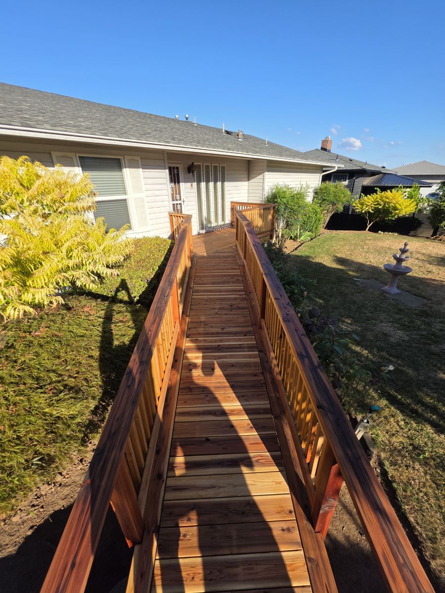 Cedar accessibility ramp and walkway with railings built by Reno Masters in Columbia County Oregon