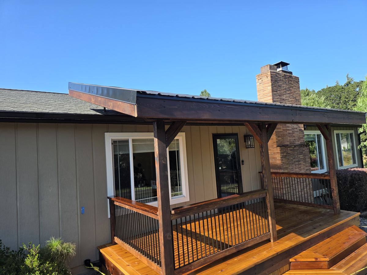 Covered deck with new railing and cedar decking on a Columbia County Oregon home
