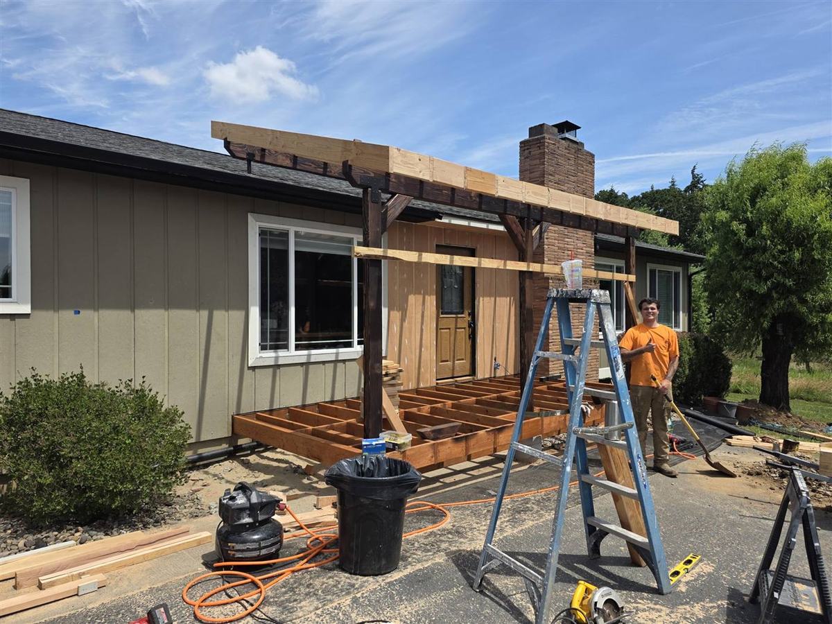 New deck framing and construction in progress in Columbia County Oregon