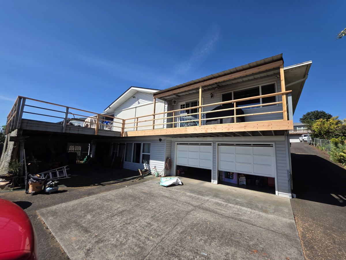 Wide view of a second-story deck built over a two-car garage in Columbia County Oregon