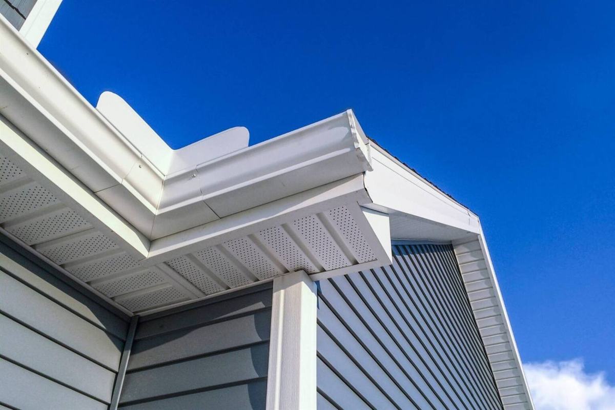 New siding, soffit and gutter detail on a home exterior